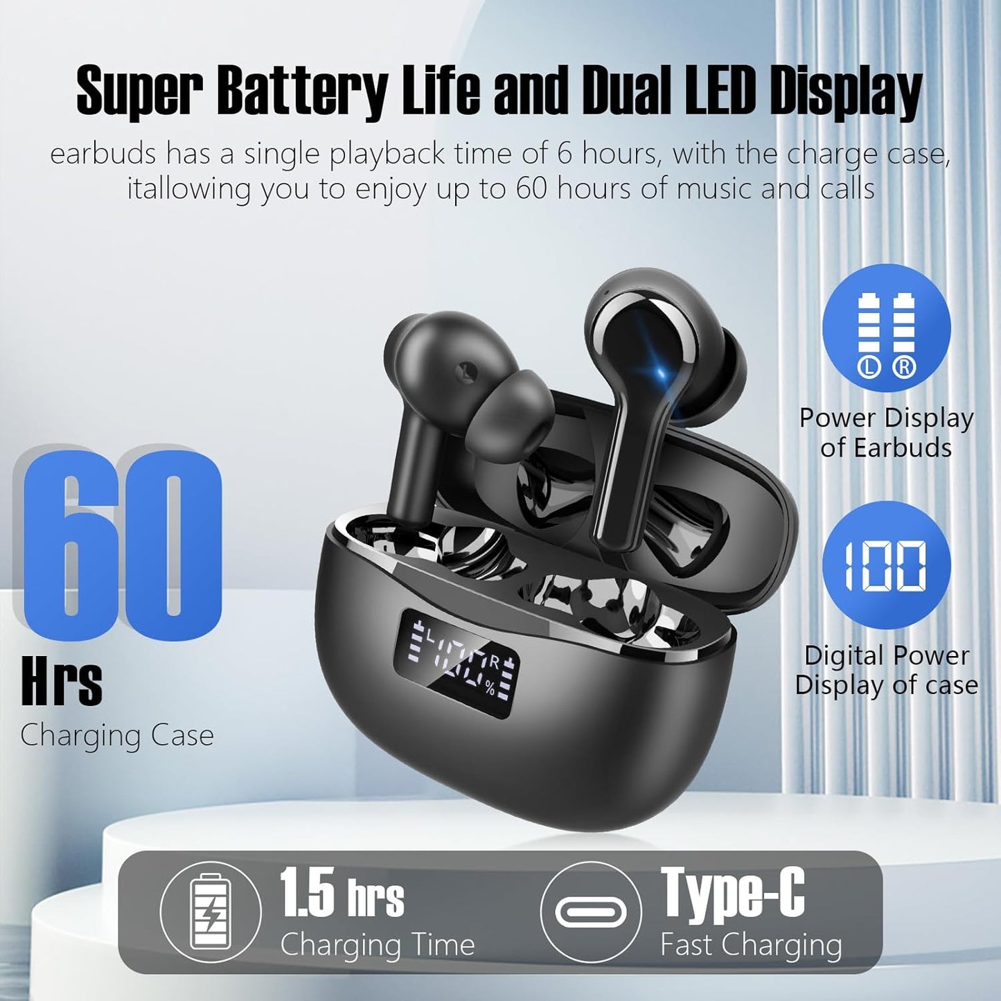 True Wireless Bluetooth Headphones LED Power Display with Wireless Charging Case - IPX5 Waterproof in-Ear Earbuds with Mic for TV Smart Phone Laptop.